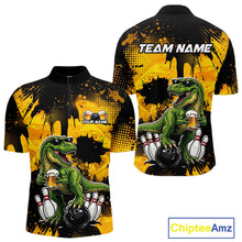Load image into Gallery viewer, Front and back views of a black bowling quarter zip featuring a green T-Rex wearing sunglasses, holding a beer mug, standing with bowling pins and a bowling ball, plus personalized name and team name text.