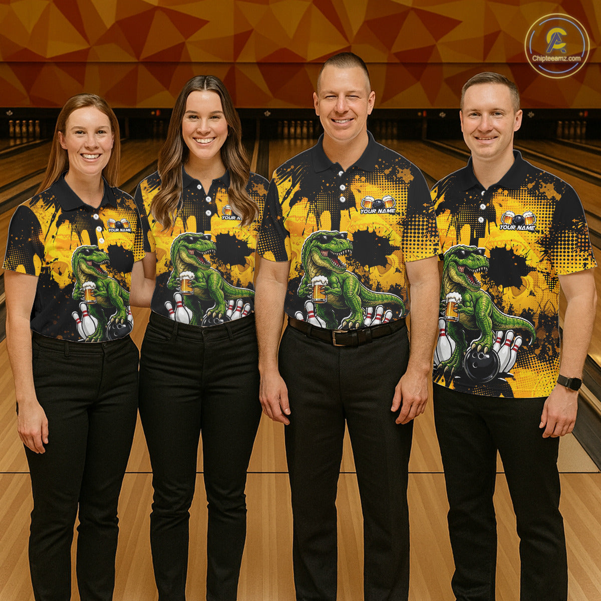 Four people wearing bowling polo shirt featuring a dinosaur holding beer with bowling pins and ball artwork on black yellow background.