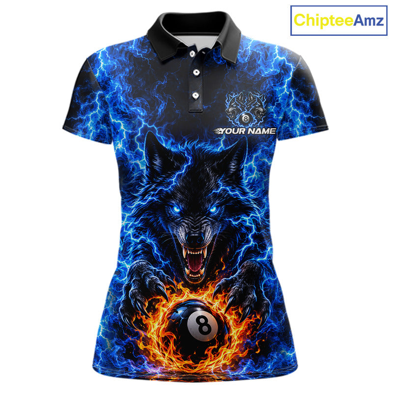 Custom Blue Flame Wolf 8 Ball Billiard Shirts for Women Billiard Team Jerseys Billiard League NNT277