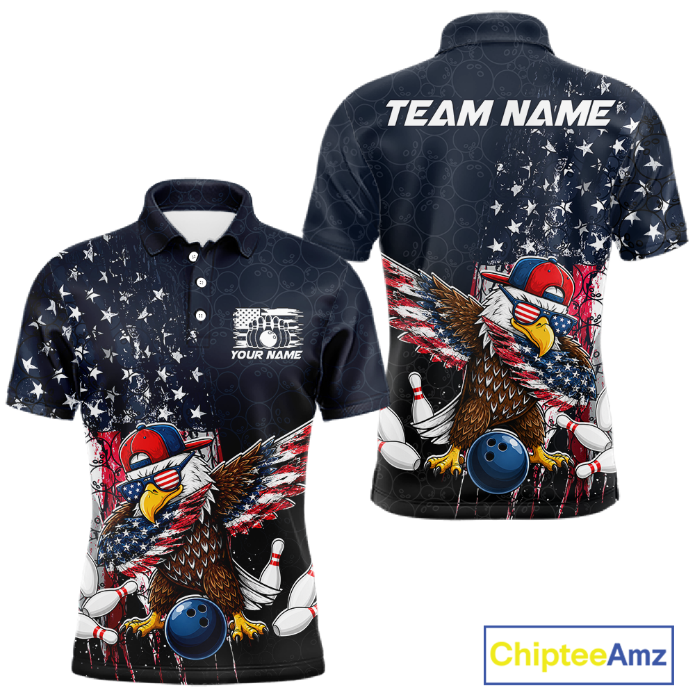 Front and back views of a dark patriotic bowling polo with distressed stars-and-stripes graphics, a eagle , bowling pins, and custom team text.