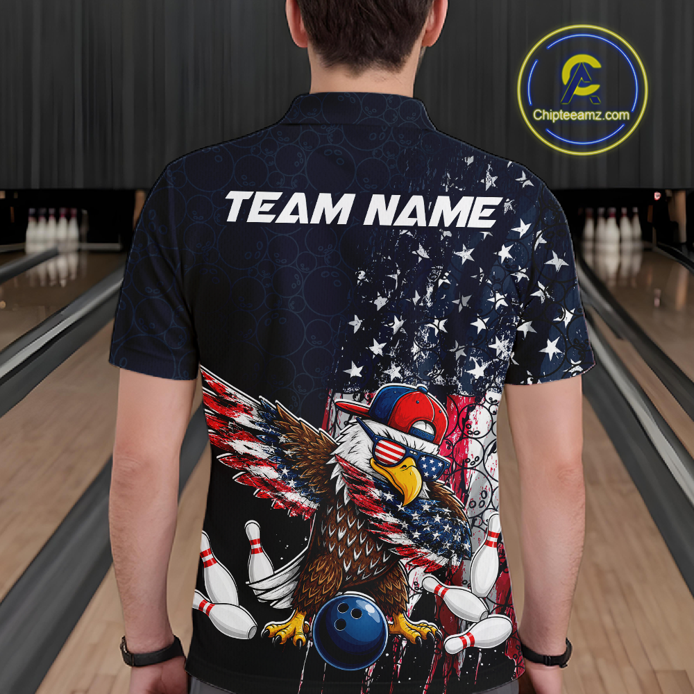 Man wearing a dark patriotic bowling polo with distressed stars-and-stripes graphics, a eagle , bowling pins, and custom team name text.