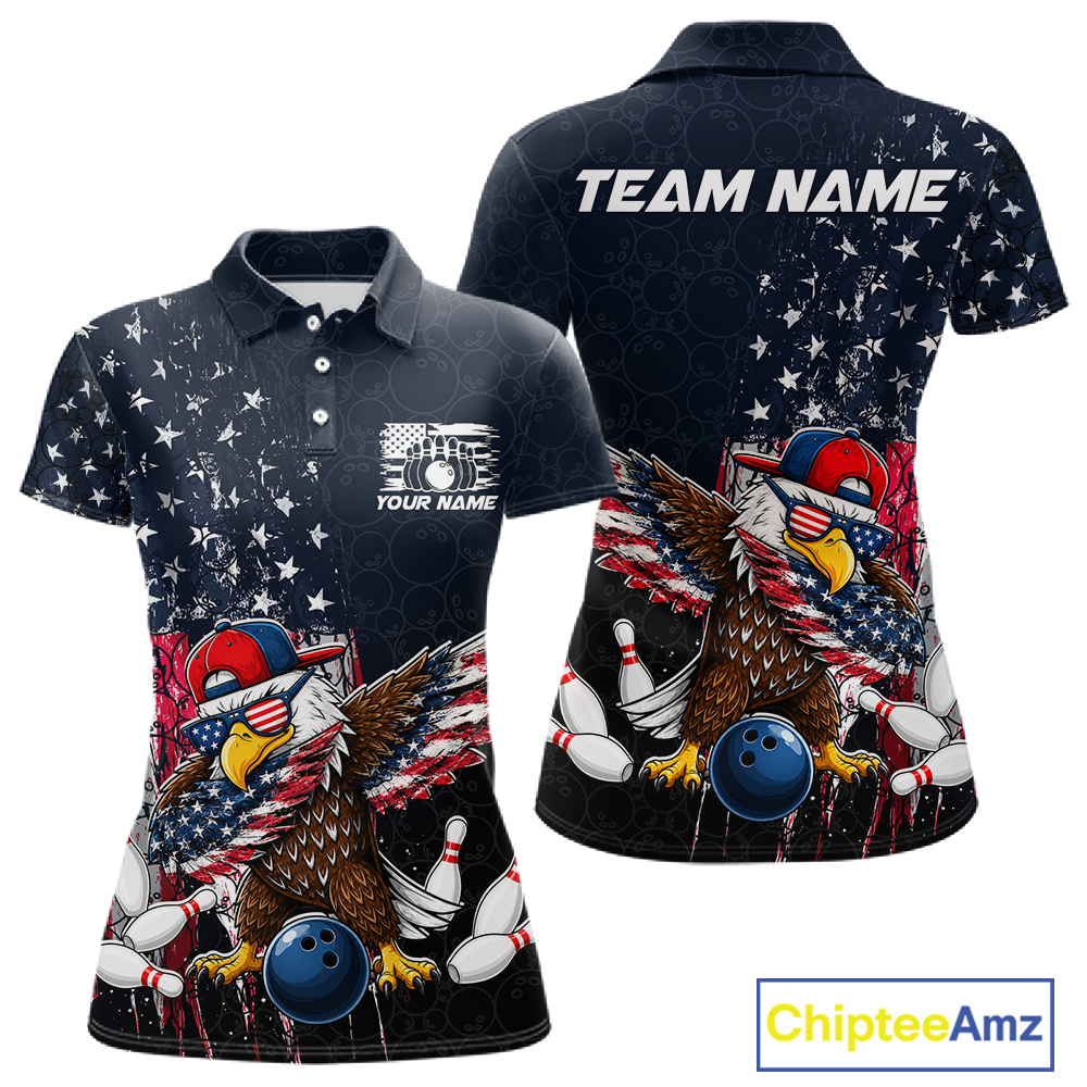 Front and back views of a dark patriotic bowling polo with distressed stars-and-stripes graphics, a eagle , bowling pins, and custom team text.