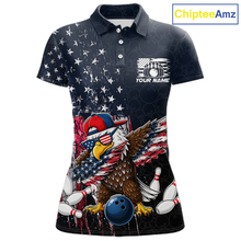 Load image into Gallery viewer, Front views of a dark patriotic bowling polo with distressed stars-and-stripes graphics, a eagle , bowling pins, and custom team text.