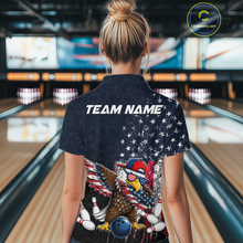 Load image into Gallery viewer, Woman wearing a dark patriotic bowling polo with distressed stars-and-stripes graphics, a eagle , bowling pins, and custom team name text.