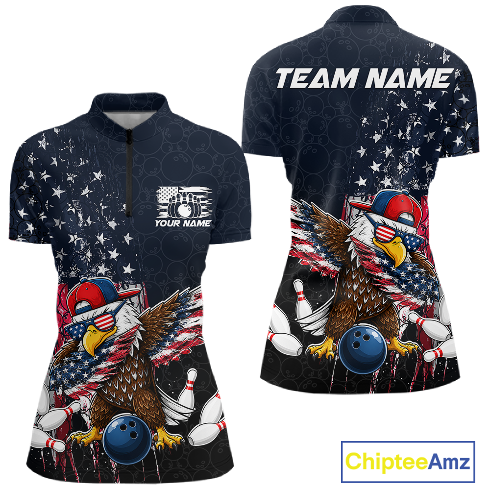 Front and back views of a dark patriotic bowling quarter zip with distressed stars-and-stripes graphics, a eagle , bowling pins, and custom team text.