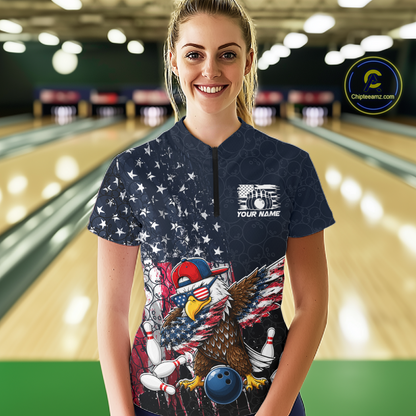 Woman wearing a dark patriotic bowling quarter zip with distressed stars-and-stripes graphics, a eagle , bowling pins, and custom your name text.