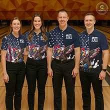 Load image into Gallery viewer, Four people wearing dark patriotic bowling polo with distressed stars-and-stripes graphics, a eagle , bowling pins, and custom your name text.
