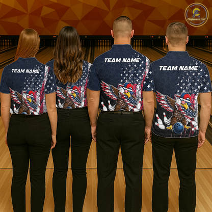Four people wearing dark patriotic bowling quarter zip with distressed stars-and-stripes graphics, a eagle , bowling pins, and custom your name text.