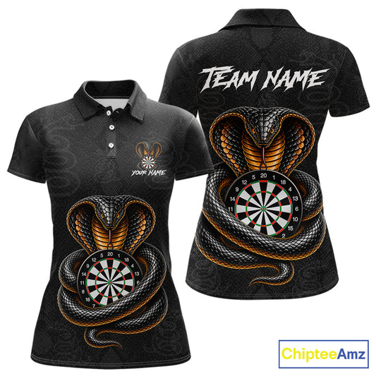 Front and back darts polo shirt featuring a cobra wrapped around a dartboard with cobra snake artwork on a black background.