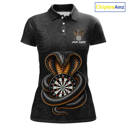 Front darts polo shirt featuring a cobra wrapped around a dartboard with cobra snake artwork on a black background.