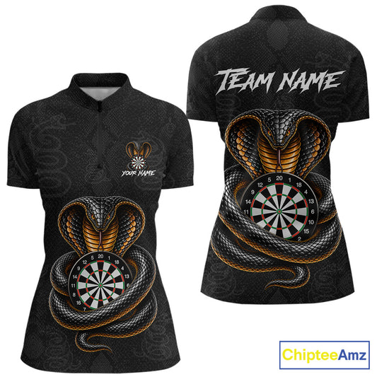 Front and back darts quarter zip shirt featuring a cobra wrapped around a dartboard with cobra snake artwork on a black background.