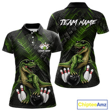 Load image into Gallery viewer, Front and back bowling polo shirt featuring a dinosaur standing among bowling pins and ball artwork on black green textured background.