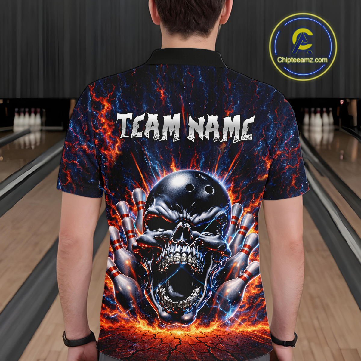 Custom Skull Bowling Jersey for Men - Flaming Strike Personalize Bowling Team Shirt Polo & 1/4 Zip HNT215