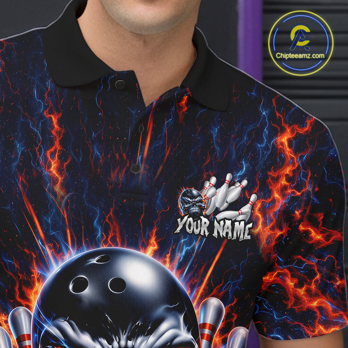 Custom Skull Bowling Jersey for Men - Flaming Strike Personalize Bowling Team Shirt Polo & 1/4 Zip HNT215