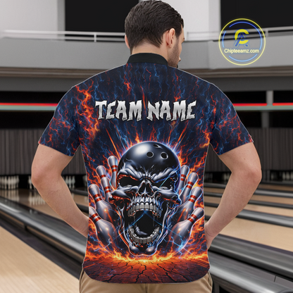 Custom Skull Bowling Jersey for Men - Flaming Strike Personalize Bowling Team Shirt Polo & 1/4 Zip HNT215
