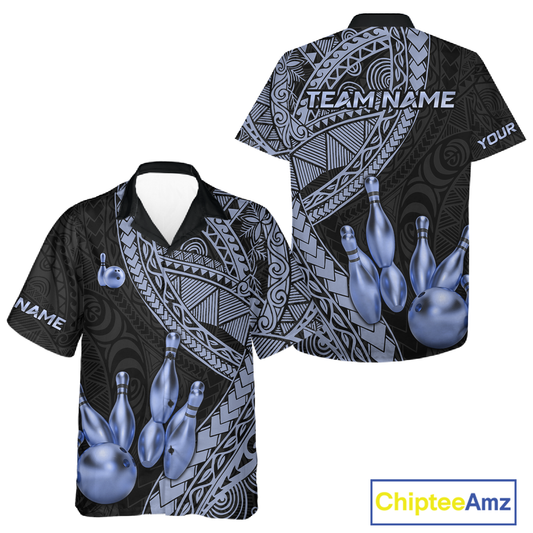 Custom Blue Tribal Hawaiian Bowling Jersey for Men Women Bowling Team Shirts Bowling League HNT225