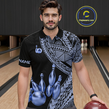 Load image into Gallery viewer, Black and Blue Tribal Pattern Bowling Jersey for Woen Bowling Uniform Bowling Team Shirts HNT225