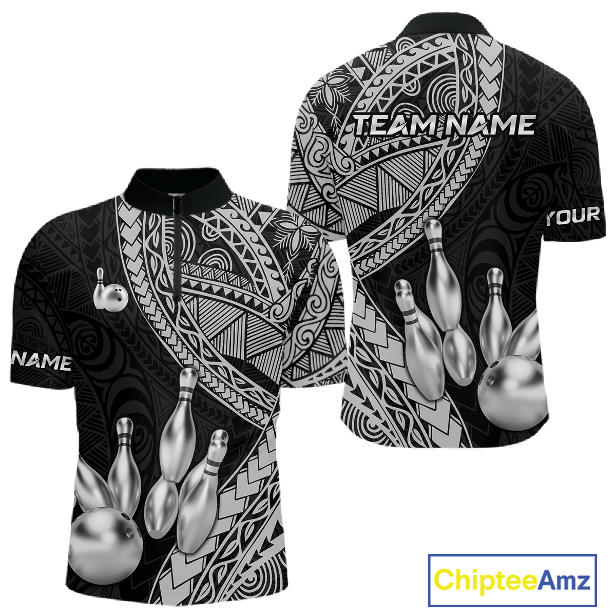 Black and White Tribal Pattern Bowling Jersey for Men Bowling Uniform Bowling Team Shirts HNT225