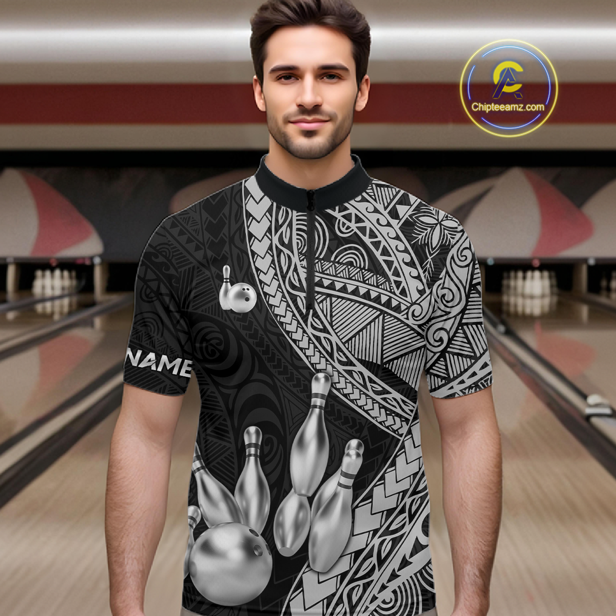 Black and White Tribal Pattern Bowling Jersey for Men Bowling Uniform Bowling Team Shirts HNT225