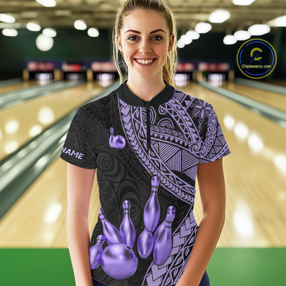 Black and Purple Tribal Pattern Bowling Jersey for Women Bowling Uniform Bowling Team Shirts HNT225