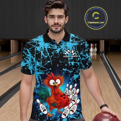 Turquoise Funny Chicken Bowling Jersey for Men Bowling League Bowling Team Shirts Polo & 1/4 Zip HN232