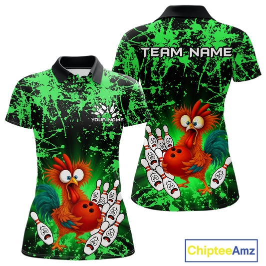 Green Funny Chicken Bowling Jersey for Women Bowling League Bowling Team Shirts Polo & 1/4 Zip HN232