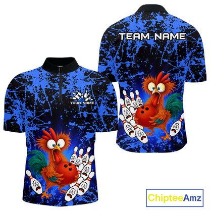 Blue Funny Chicken Bowling Jersey for Men Bowling League Bowling Team Shirts Polo & 1/4 Zip HN232