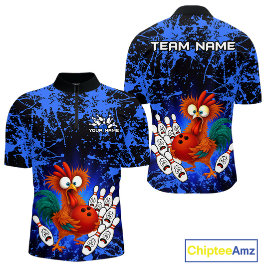 Blue Funny Chicken Bowling Jersey for Men Bowling League Bowling Team Shirts Polo & 1/4 Zip HN232
