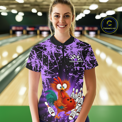 Purple Funny Chicken Bowling Jersey for Women Bowling League Bowling Team Shirts Polo & 1/4 Zip HN232