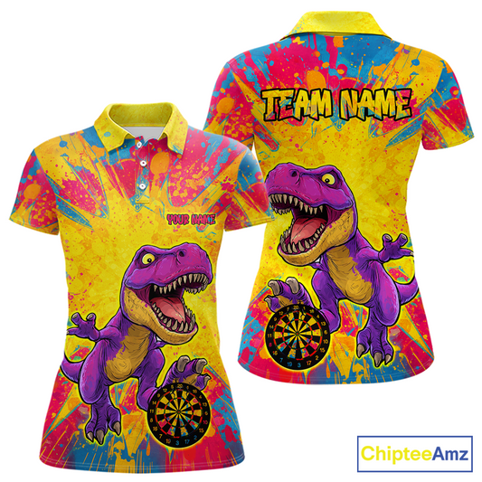 Front and back darts polo shirt featuring a purple dinosaur holding a dartboard within a bright colorful paint splatter background.