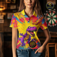 Load image into Gallery viewer, Women wearing darts polo shirt featuring a purple dinosaur holding a dartboard within a bright colorful paint splatter background.