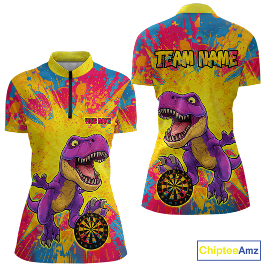 Front and back darts quarter zip shirt featuring a purple dinosaur holding a dartboard within a bright colorful paint splatter background.