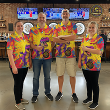 Load image into Gallery viewer, Four people wearing darts polo shirt featuring a purple dinosaur holding a dartboard within a bright colorful paint splatter background.