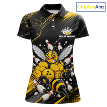 Load image into Gallery viewer, Front bowling polo shirt featuring a muscular bee holding a bowling ball surrounded by pins on black yellow background.