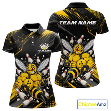 Load image into Gallery viewer, Front and back bowling polo shirt featuring a muscular bee holding a bowling ball surrounded by pins on black yellow background.