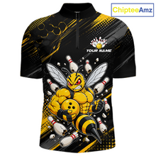 Load image into Gallery viewer, Front bowling quarter zip shirt featuring a muscular bee holding a bowling ball surrounded by pins on black yellow background.