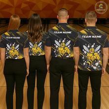 Load image into Gallery viewer, Four people wearing bowling polo shirt featuring a muscular bee holding a bowling ball surrounded by pins on black yellow background.