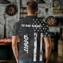 Load image into Gallery viewer, Man wearing darts polo shirt featuring dartboard patterns layered with american flag graphics and geometric details on a black background.