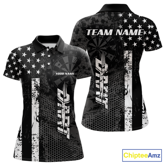 Front and back darts polo shirt featuring dartboard patterns layered with american flag graphics and geometric details on a black background.