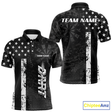 Load image into Gallery viewer, Front and back darts polo shirt featuring dartboard patterns layered with american flag graphics and geometric details on a black background.