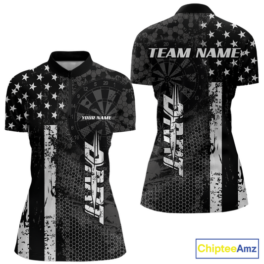 Front and back darts quarter zip shirt featuring dartboard patterns layered with american flag graphics and geometric details on a black background.