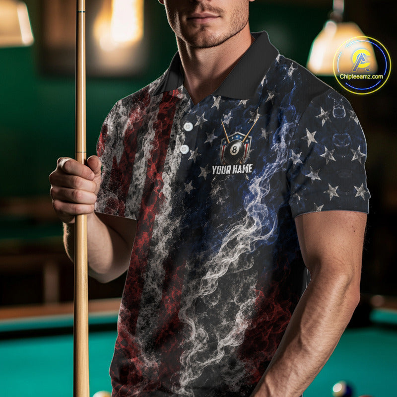 Custom Grunge Smoke US Flag 8 Ball Billiard Shirts for Men Billiard Team Jerseys Billiard League NNT276