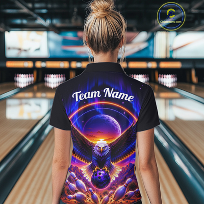 Woman wearing a black bowling polo with a eagle, glowing planet backdrop, bowling pins, and custom team and player name text.