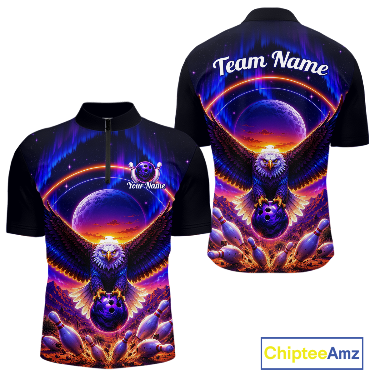 Front and back views of a black bowling quarter zip with a eagle, glowing planet backdrop, bowling pins, and custom team and player name text.