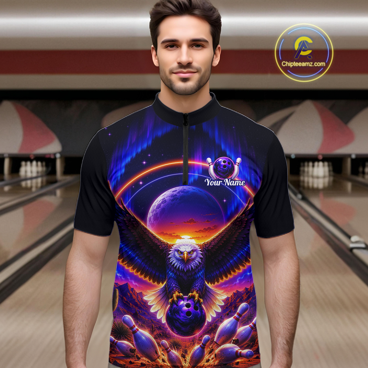 Man wearing a black bowling quarter zip with a eagle, glowing planet backdrop, bowling pins, and custom team and player name text.