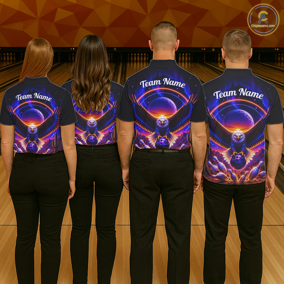 Four people wearing black bowling quarter zip with a eagle, glowing planet backdrop, bowling pins, and custom team name text.