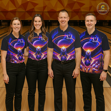 Load image into Gallery viewer, Four people wearing black bowling quarter zip with a eagle, glowing planet backdrop, bowling pins, and custom team and player name text.