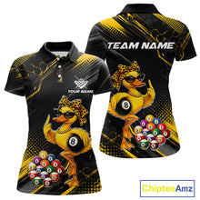 Load image into Gallery viewer, Front and back billiards polo shirt featuring a duck holding an eight ball with pool balls arranged across a black yellow background.