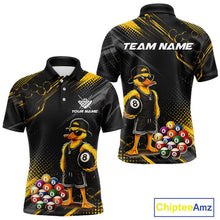 Load image into Gallery viewer, Front and back billiards polo shirt featuring a duck holding an eight ball with colorful pool balls arranged on a black yellow background.