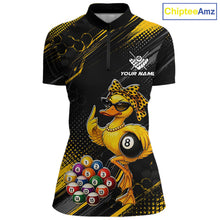 Load image into Gallery viewer, Front billiards quarter zip shirt featuring a duck holding an eight ball with pool balls arranged across a black yellow background.
